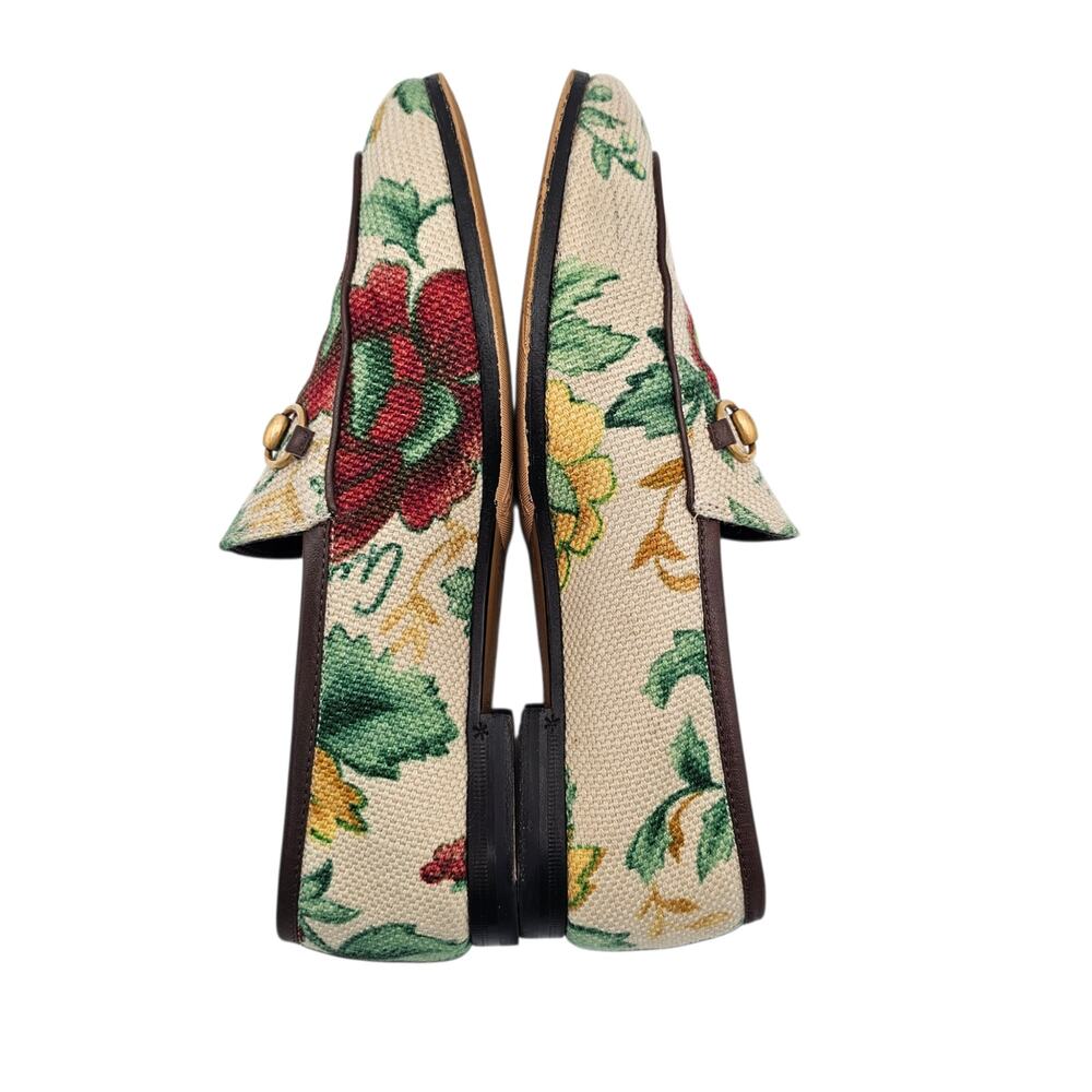 Gucci Jordaan Horsebit Flat Loafer Beige Floral Canvas Slip On Gold Size 38 US 8 - Picture 5 of 11